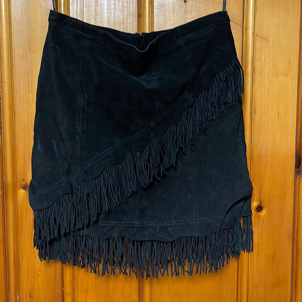 Black Suede Fringed Skirt by Scully, Size XL